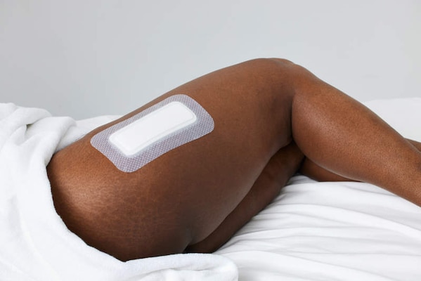Biatain Silicone Fit 4 x 8” dressing applied to the hip.